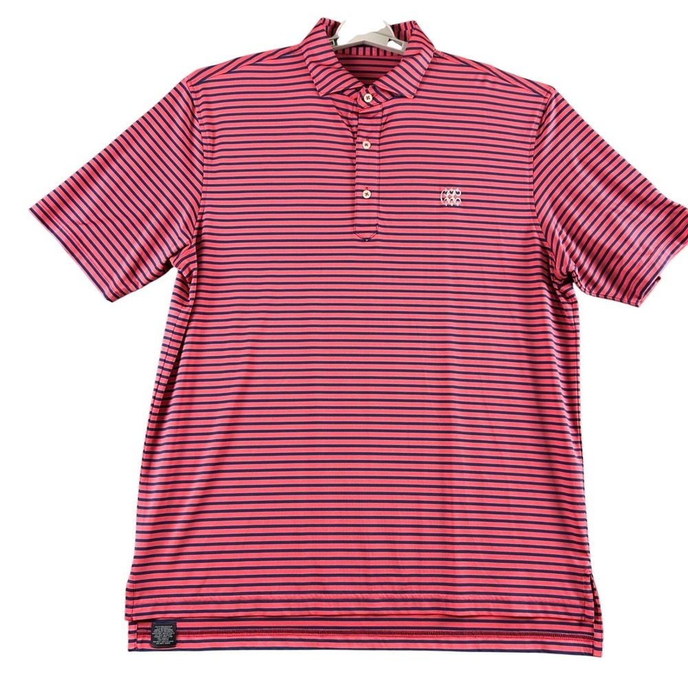 Turtleson Mens Performance Golf Polo Shirt Striped Pink Navy Blue CCC‎ Logo XL